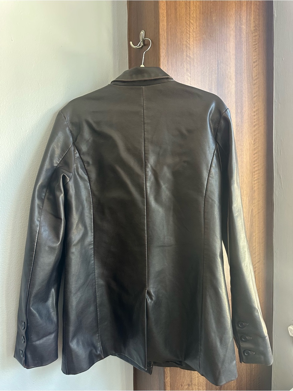 Women’s Black Faux Leather Blazer Jacket - Classic Tailored Coat - Picture 2 of 5